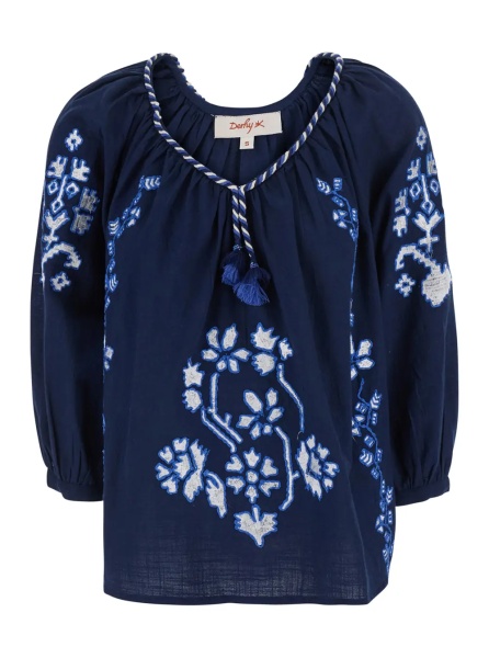 Bluza 'Enora' Blue Blouse with Balloon Sleeves and All-Over Floral Embroidery in Cotton for Women