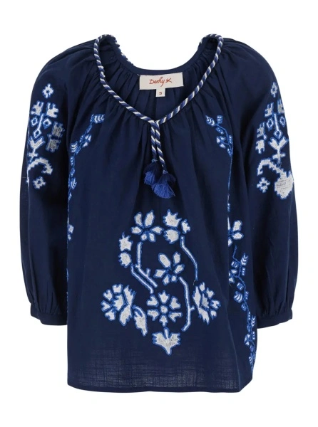 Bluza 'Enora' Blue Blouse with Balloon Sleeves and All-Over Floral Embroidery in Cotton for Women
