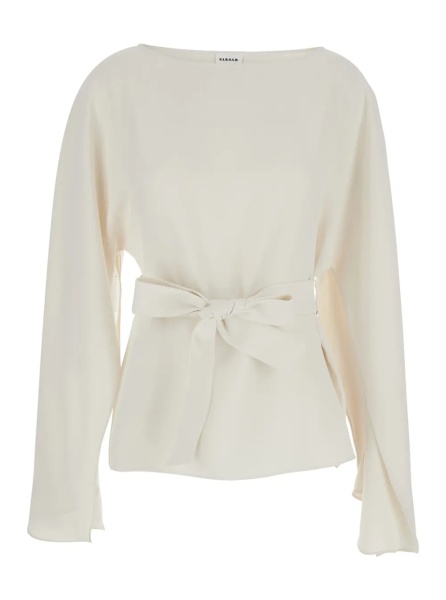 Bluza P.A.R.O.S.H. White Crew Neck Blouse with Bow Detail on the Front in Cady for Women