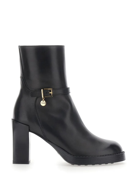 Botine Black Ankle Boots with High Heel and Buckle Strap in Leather for Women