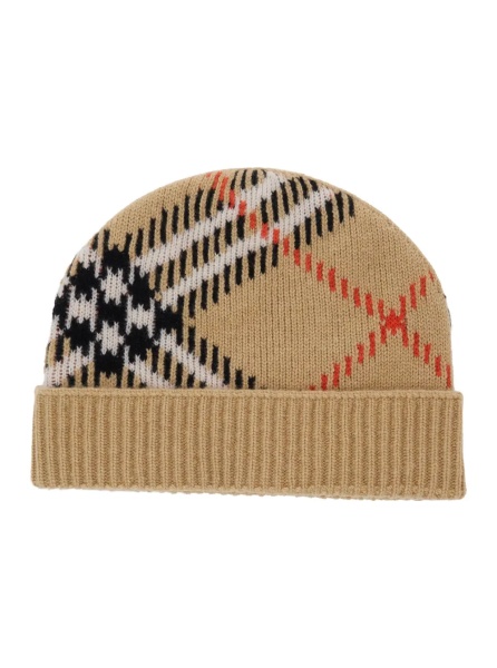 Caciula Beige Beanie with Brim and Check Motif in Wool for Women