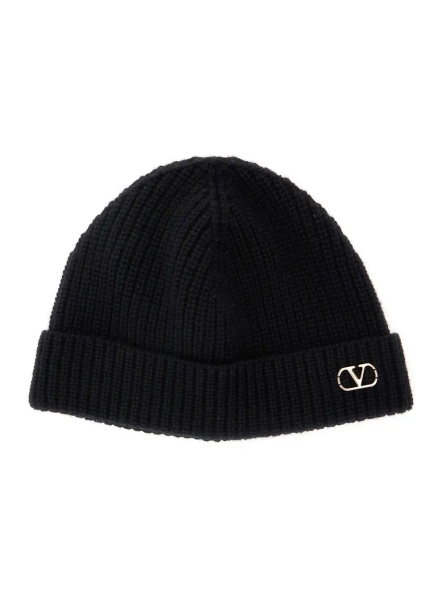 Caciula Black Knit Beanie with VLogo on the Front in Cashmere Man
