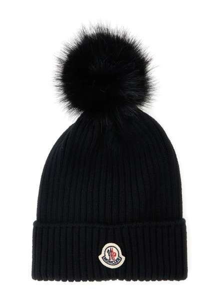 Caciula Hat with Pompom and Logo Patch on the Front in Black Wool for Women