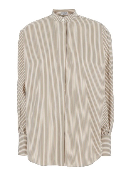 Camasa Beige Shirt with Button Collar and All-Over Striped Motif in Cotton for Women