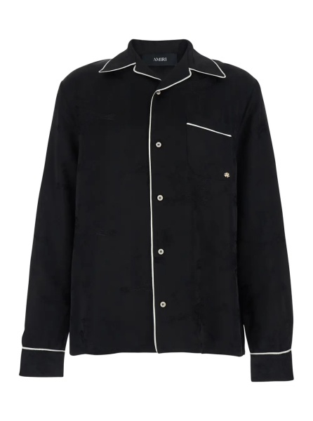 Camasa Black Long-Sleeved Shirt with Cuban Collar and Tone-on-Tone Floral Embroidery in Viscose for Men