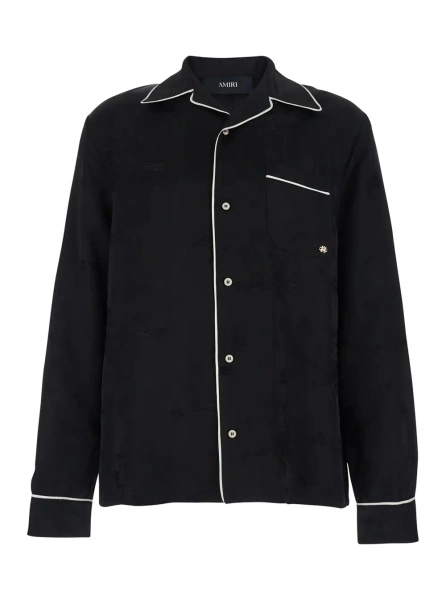 Camasa Black Long-Sleeved Shirt with Cuban Collar and Tone-on-Tone Floral Embroidery in Viscose for Men