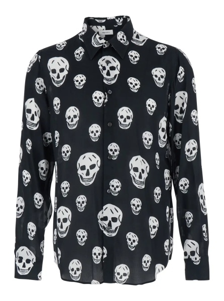 Camasa Black Pointed Collar Shirt with All-Over Skull Print for Men