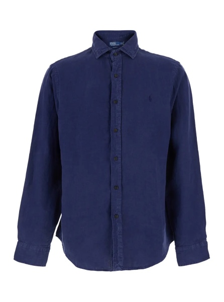 Camasa Blue Shirt with classic collar and Pony embroidery on the front in linen for men