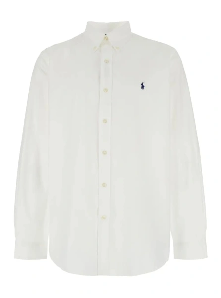 Camasa 'Custom Fit' White Shirt with Button-Down Colllar and Pony Embroidery on the Front in Cotton Popeline Stretch Woman