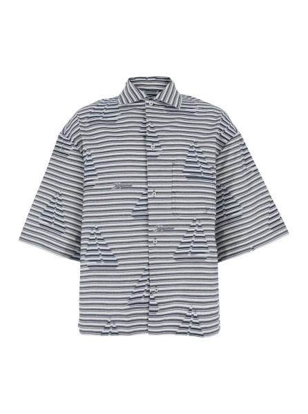 Camasa 'La Chemise Plage' Blue Bowling Shirt with Sailboat Stripe Motif in Cotton for Men