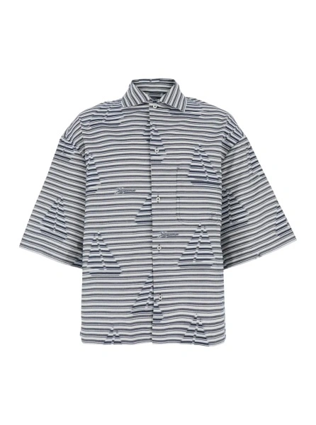 Camasa 'La Chemise Plage' Blue Bowling Shirt with Sailboat Stripe Motif in Cotton for Men