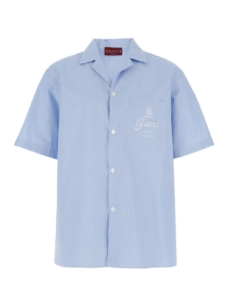Camasa Light Blue Bowling Shirt with Logo Embroidery on the Front and All-Over Stripe Motif in for Men