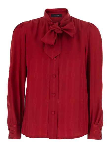 Camasa Red Shirt with Bow on the Front and GG Chain Motif All-Over in Silk for Women