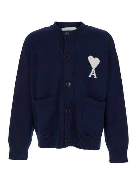 Cardigan AMI Paris albastru din bumbac si lana