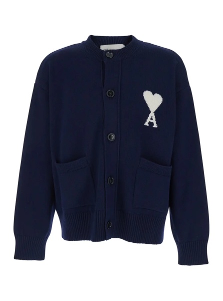 Cardigan Blue crew neck cardigan with contrasting ADC logo on the front in cotton and wool blend man