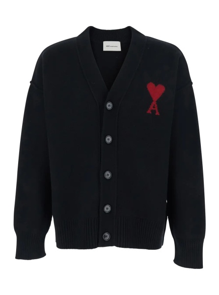 Cardigan Cardigan with V-Neck and ADC Embroidery on Front in Black Wool for Men