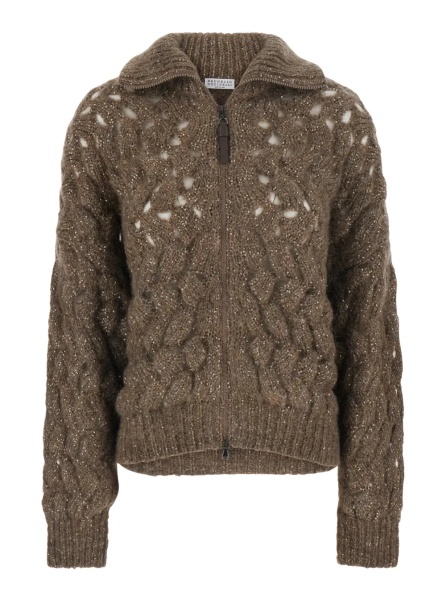Cardigane Beige High-neck Cardigan with Cable Knit Design in Blend Wool for Women