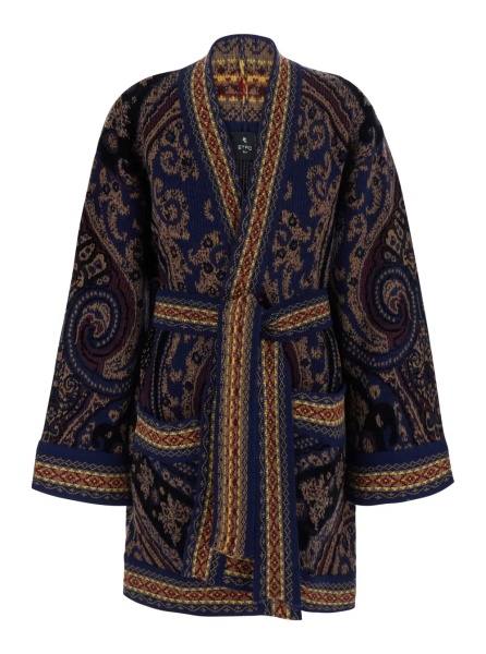 Cardigane Multicolor Cardigan with belt on the front and all-over geometric embroidery in wool blend for women