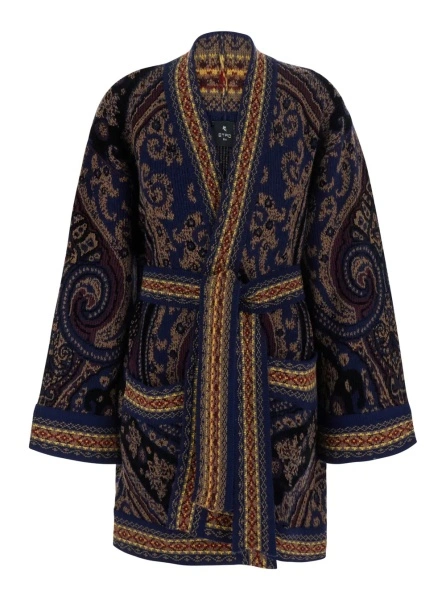 Cardigane Multicolor Cardigan with belt on the front and all-over geometric embroidery in wool blend for women
