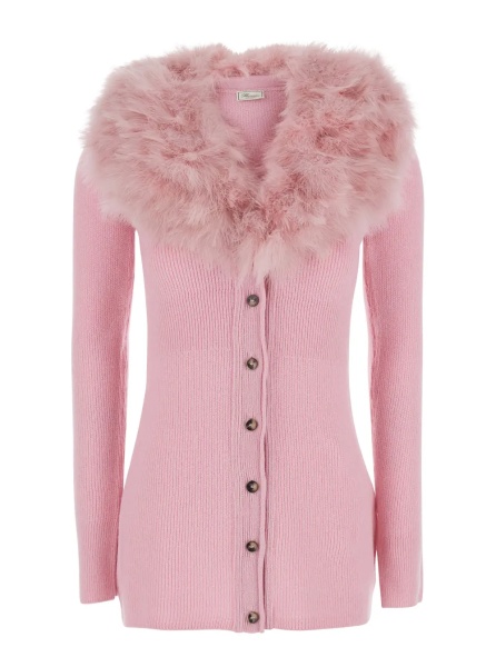 Cardigane Pink Cardigan with V Neck and Removable Fur Collar in Wool for Women