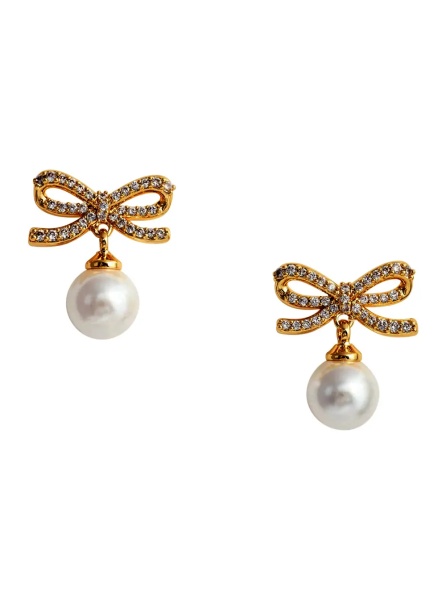 Cercei Gold Colored Earings with Bow and Pearl in Metal for Women