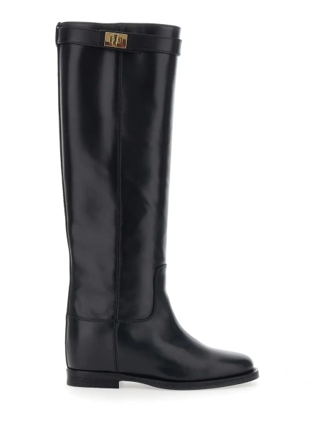 Cizme black Boot with strap and lock in smooth leather woman