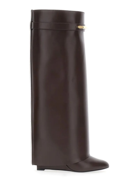 Cizme Pointed Toe Wedge Heels with Logo Plate on the Front in Brown Leather for Women