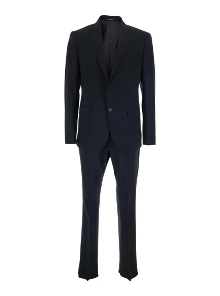 Costum Blue Single-breasted Slim Suit with Notched Revers in Wool for Men
