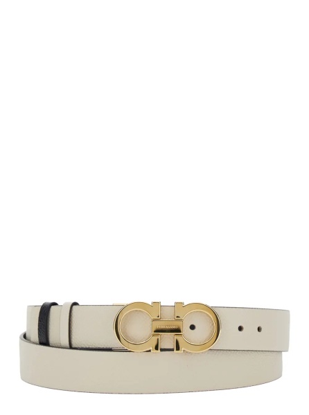 Curea Belt with Gancini Buckle and Logo Lettering in White Leather for Women