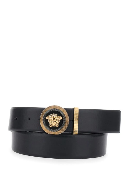 Curea Black Belt with Medusa Buckle and Metal Loop in Leather for Men