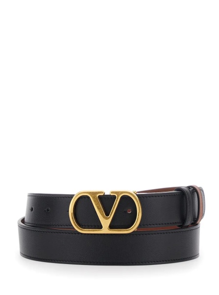 Curea Black Reversible Belt with VLogo Buckle on the Front in Leather Man