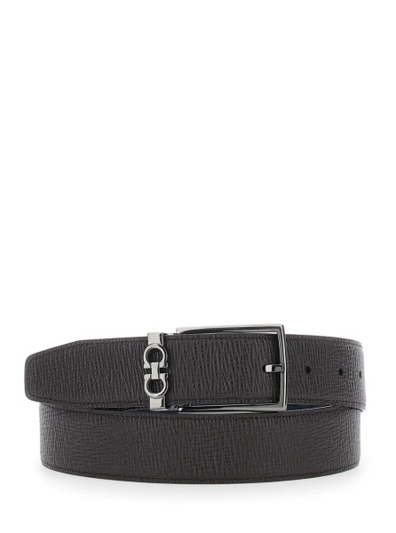 Curea Brown Reversible Belt with Gancini Buckle in Grained Leather Men