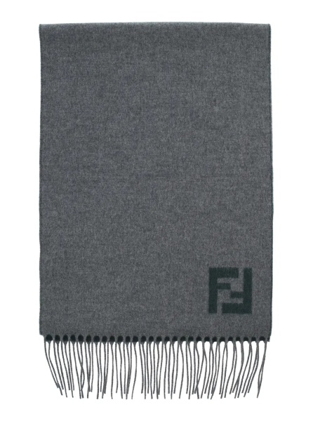 Esarfa Gray 'FF' Scarf with Fringed Edge and FF Embroidery on the Front in Wool and Cashmere for Men