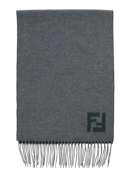 Esarfa Gray 'FF' Scarf with Fringed Edge and FF Embroidery on the Front in Wool and Cashmere for Men