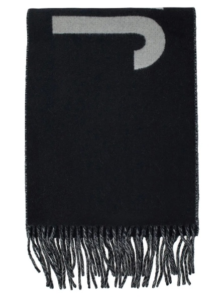 Esarfa Scarf 'L'Echarpe Jacquemus' with Maxi Logo Lettering and Fringed Edge in Black Wool Men