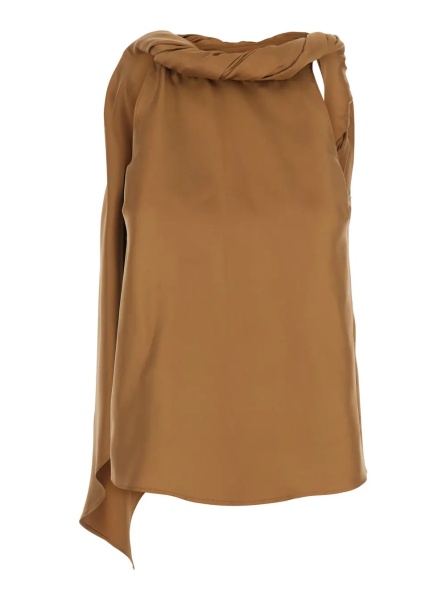 Esarfa 'Wilma' Brown Crew Neck Top with Scarf Detail and Back Neckline in Silk Women