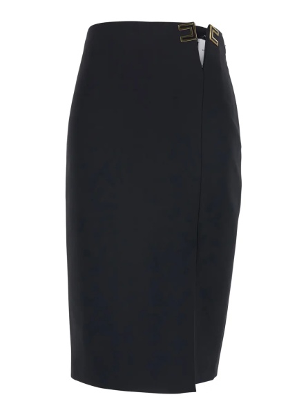 Fusta Black Midi Skirt with Side Vent and Cut-Out with Logo Plate in Tech Fabric for Women