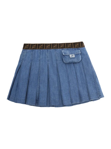 Fusta Blue Pleated Skirt with Elastic Waist with FF Motif and Front Pocket with FF Plate in Denim Girl