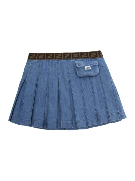Fusta Blue Pleated Skirt with Elastic Waist with FF Motif and Front Pocket with FF Plate in Denim Girl
