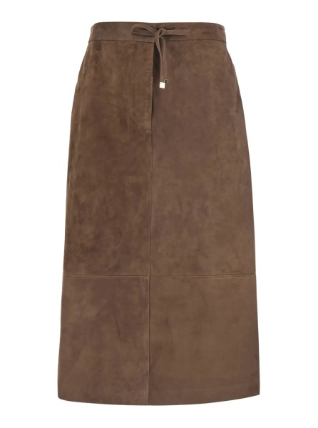 Fusta 'Gazza' Brown Midi Skirt with Drawstring on the Front and Elasticized Waist on the Back in Suede for Women
