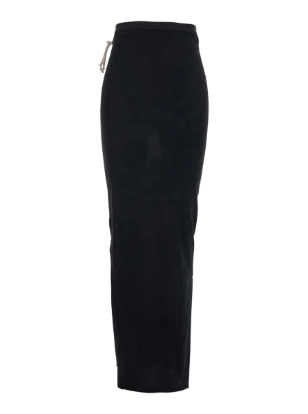 Fusta Long Skirt with Side Drawstring Closure and Straight Hem in Black Cotton for Women