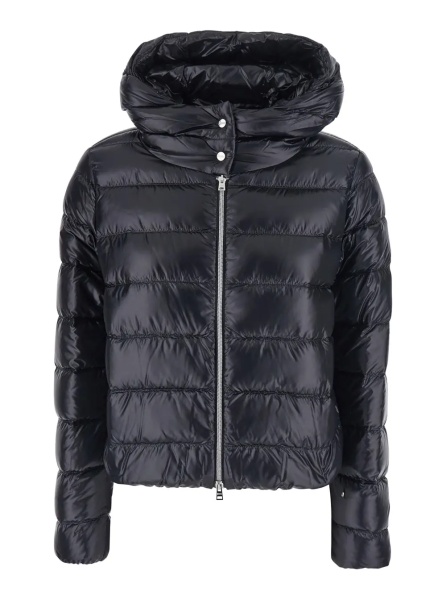 Geaca de Iarna Black Short Down Jacket with Hood and Metal Plate on the Back in Tech Fabric Woman