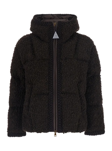Geaca de Iarna 'Cristalline' Brown Down jacket with hood and logo patch on sleeve in wool and Tech Fabric for women