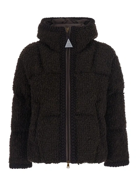 Geaca de Iarna 'Cristalline' Brown Down jacket with hood and logo patch on sleeve in wool and Tech Fabric for women