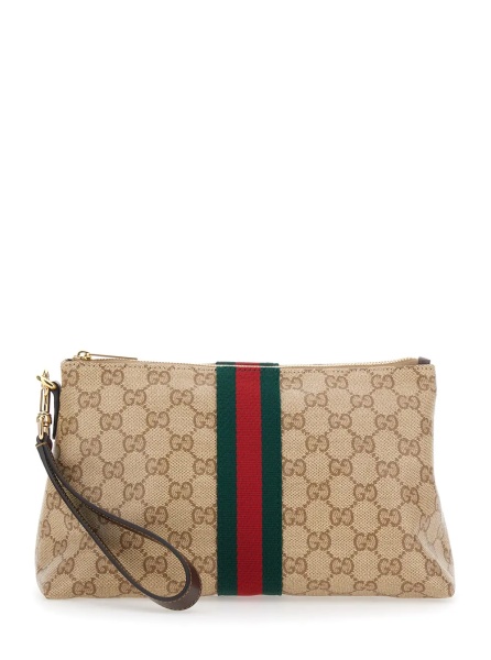 Geanta de mana Beige clutch with removable wrist strap and Web detail in GG Canvas for men