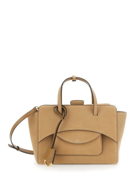Geanta de mana Beige Medium Handbag with Adjustable Shoulder Strap and Front Pocket in Suede for Women