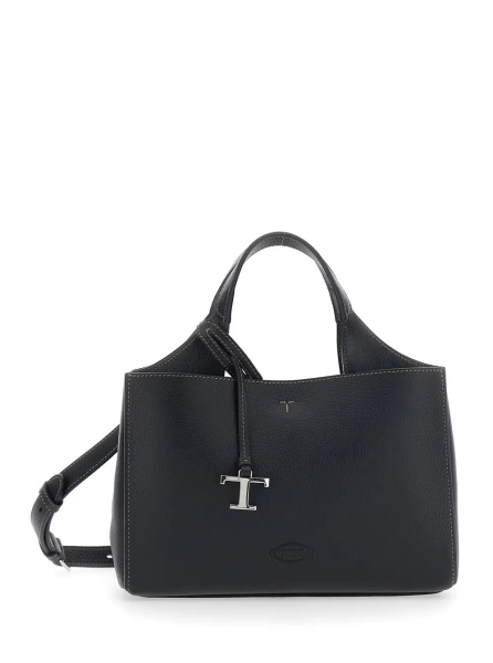 Geanta de mana Black Handbag with Adjustable and Removable Shoulder Strap and T Plate on the Front in Leather for Women
