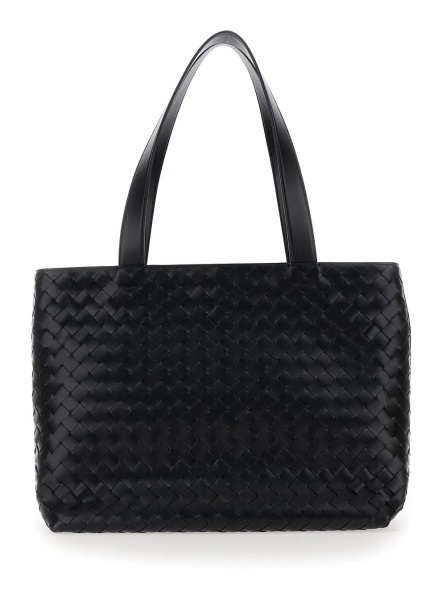 Geanta de mana Black Shopping Bag with two top handles and zip closure in Intreccio leather for men