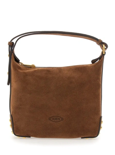 Geanta de mana Brown Handbag with top handle and metal dots in suede for women