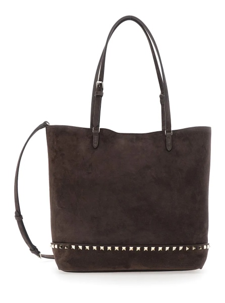 Geanta de mana Brown Medium Tote Bag with Shoulder Strap and Rockstud in Suede for Women